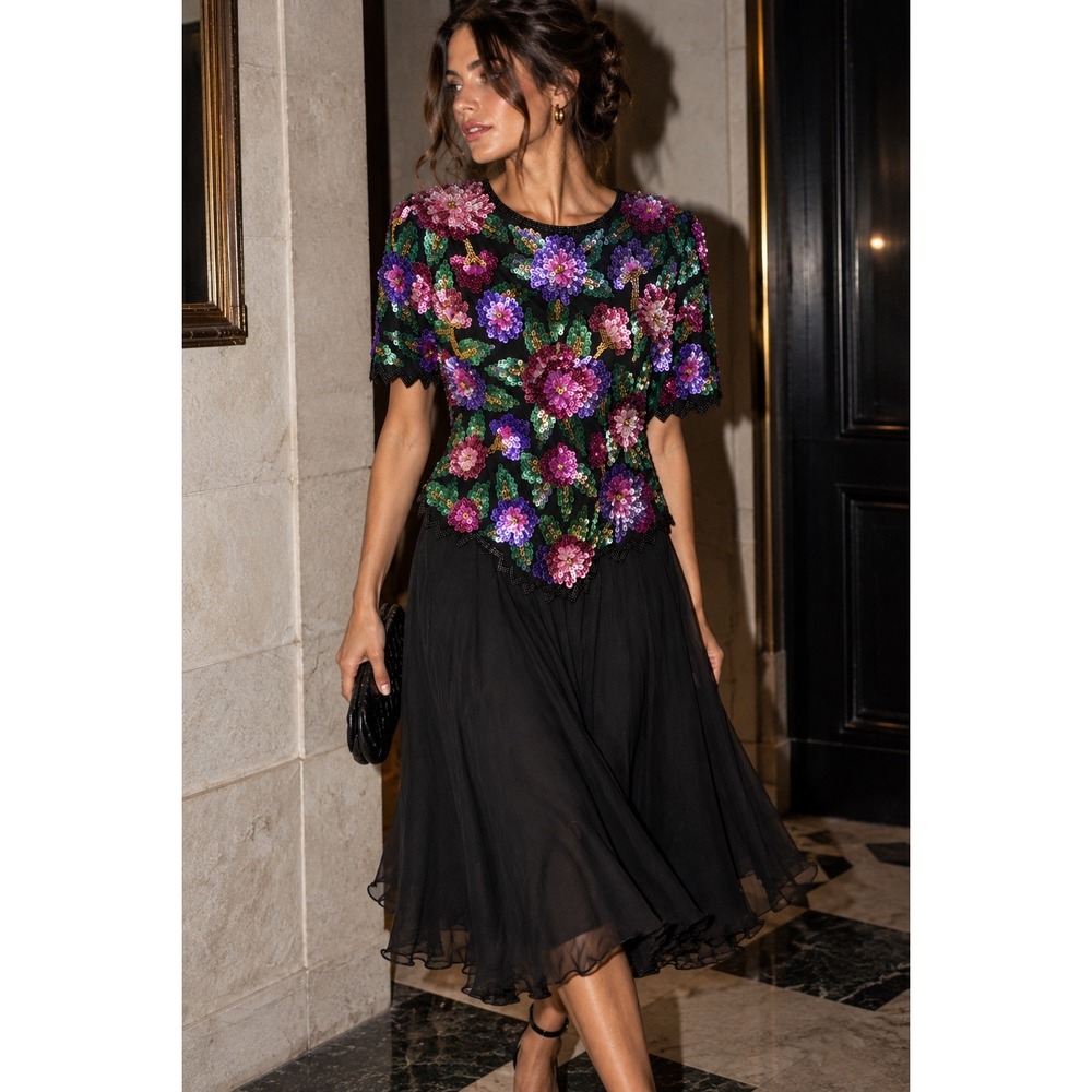 Vintage 80s Laurence Kazar Silk Floral Sequin Beaded Chiffon Midi Dress L